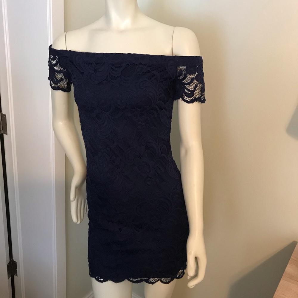 Elegant Navy Lace Off-Shoulder Dress